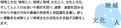 地域と文化、地域と人、地域と地域、文化と人、文化と文化、そして人と人の出会いや親交を図り、連携・連結を試みる中から今後の方向や価値の再発見と再認識を定着し、新しい感動ある成果により地域文化の活性化を目指す活動をします。